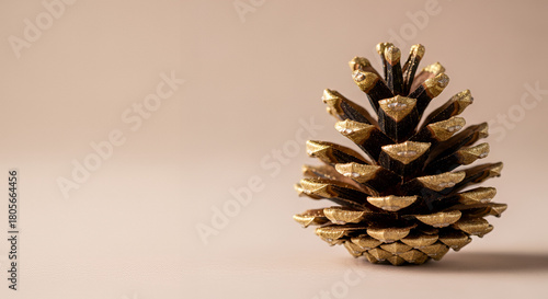 Gold-painted pinecone on soft beige background, empty space for text  