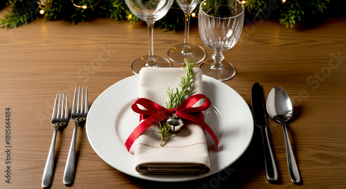 Festive Christmas table setting with elegant napkin and fir branch and bell decor on wooden table