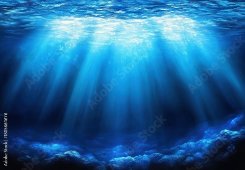 sunlight streaming through blue ocean surface illuminating rocky seabed, serene and mysterious underwater scene