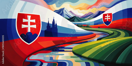 Vibrant Slovakia flag landscape illustration with mountains, river, countryside fields and national coat of arms artwork