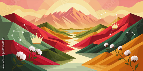 Fantasy sunrise landscape with colorful geometric mountains, river valley, constellations, crowns and cotton flowers illustration