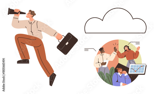 Man with loudspeaker and briefcase symbolizing communication. Group of teammates collaborating under cloud symbol with charts and dialogue. Ideal for teamwork, leadership, communication, cloud