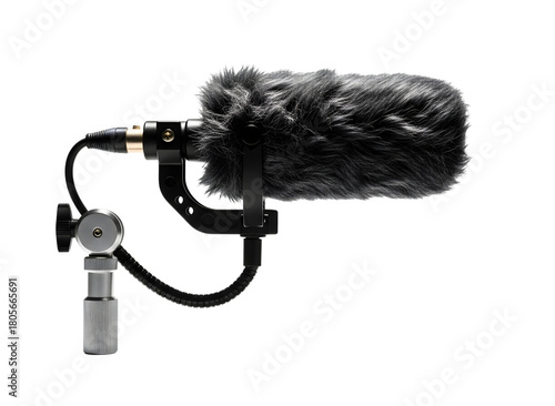 Professional shotgun microphone with windjammer isolated on transparent background