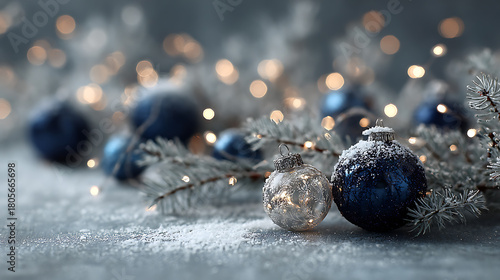 Blue and silver Christmas ornaments with snow and bokeh lights, elegant winter holiday decoration on frosty background