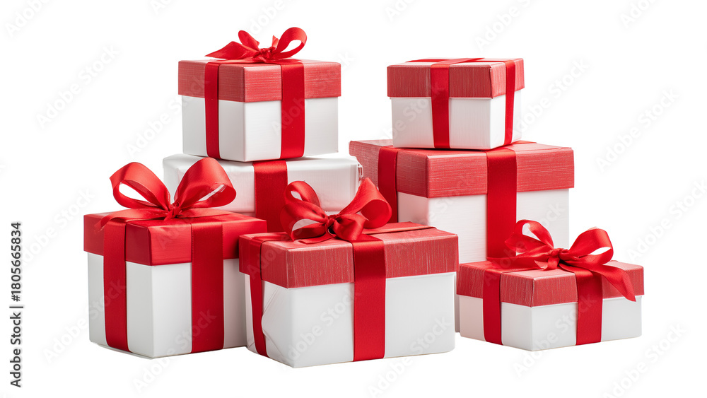 Obraz premium Red and White Christmas Gift Boxes Stack, Featuring Smooth Satin Ribbons and Clear Focus. Modern Commercial Lighting, Isolated on White.