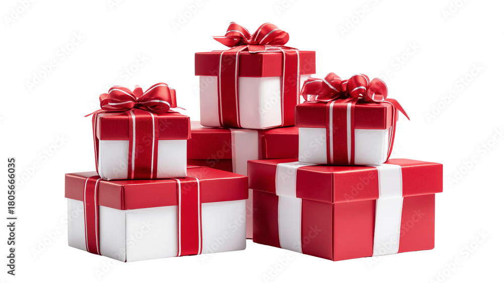 Obraz premium Red and White Christmas Gift Boxes Stack, Featuring Smooth Satin Ribbons and Clear Focus. Modern Commercial Lighting, Isolated on White.