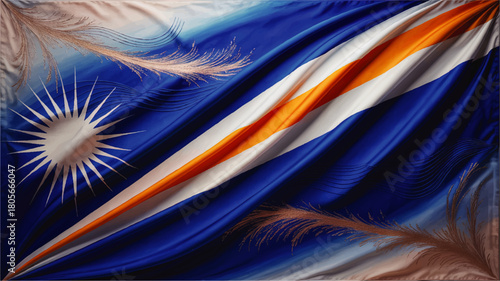 Artistic Marshall Islands flag illustration with blue silk waves, sunburst emblem and tropical palm feather pattern background