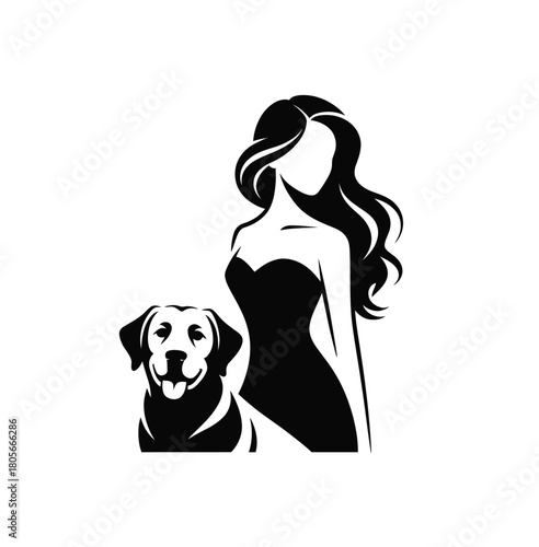 Elegant Companions: A stylized graphic of a graceful lady stands in harmony with a loyal canine, showcasing an intimate bond.