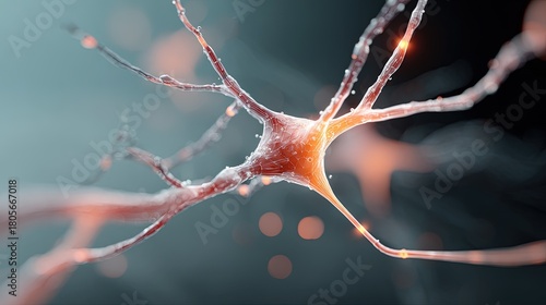 Detailed 3D render of a human neuron cell with intricate dendrites and axon showing pulsating energy within its structure