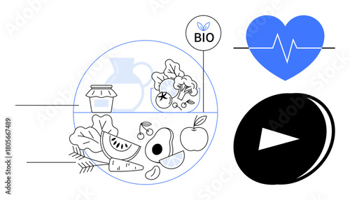 Organic produce with a BIO label, a blue heartbeat symbol, and play button. Ideal for health, wellness, nutrition, sustainable living, fitness active lifestyle mindfulness. Simple flat metaphor