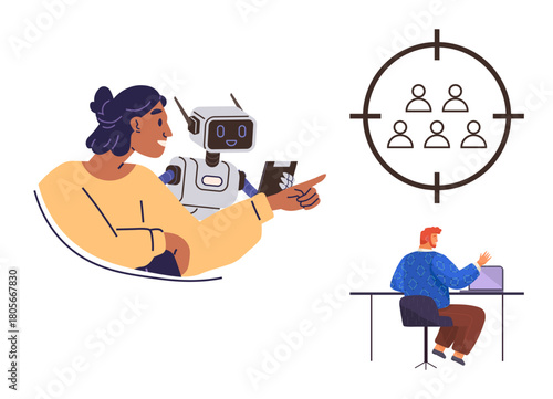 Woman interacts with robot, man working on laptop, and target with people icon. Ideal for collaboration, technology, AI, teamwork, data analysis targeted marketing precision. Simple flat metaphor