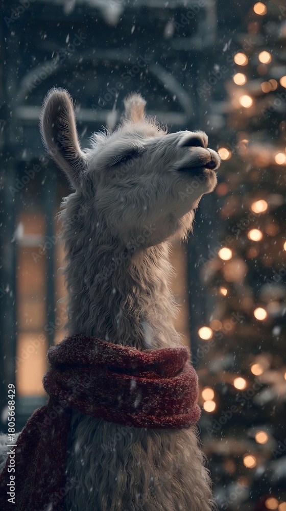 Naklejka premium Festive Llama in Snowy Christmas Scene