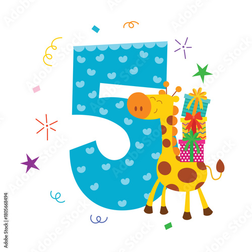 Cheerful giraffe with gifts celebrates fifth birthday.