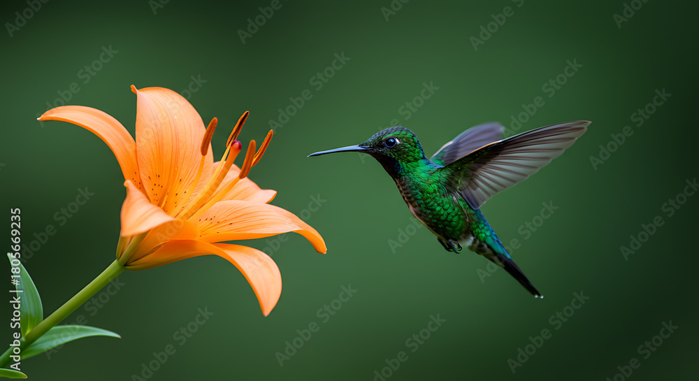 Obraz premium A vibrant hummingbird approaches a bright orange lily flower, poised to feed.