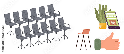 Rows of office chairs, tall stool, cactus in pot, tablet with e-commerce interface, and thumbs-up gesture. Ideal for teamwork, productivity, online shopping, feedback communication workspace
