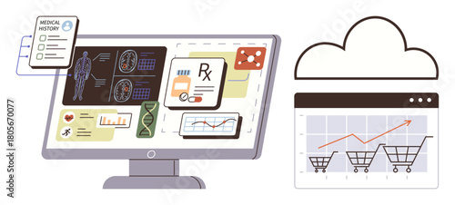 Computer screen displaying medical records, images, prescriptions, and health charts. Adjacent cloud containing e-commerce trend graphs with shopping carts. Ideal for technology, health, big data