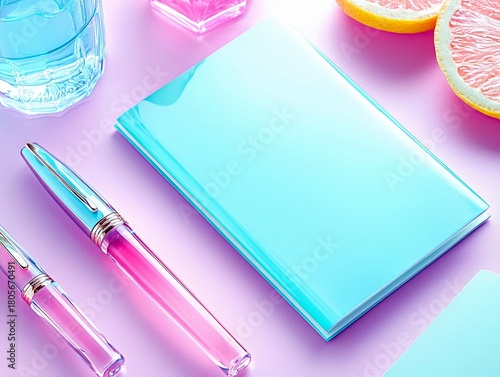 A stylish arrangement of stationery and fruit, featuring a light blue notebook, pens with pink and blue accents, and sliced grapefruit, set against a soft pink