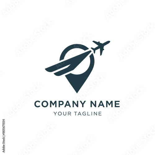 Airplane flying over a location pin, travel and tourism concept logo.