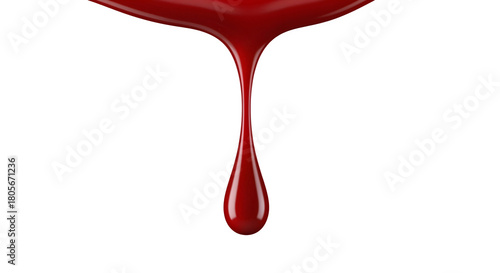 Single drop of vibrant red liquid falling from a viscous stream.