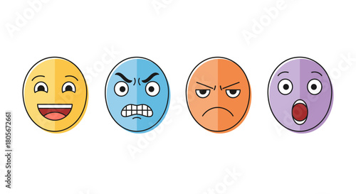 A set of four colorful cartoon emoticons expressing different emotions like joy, anger, and surprise on a white background.