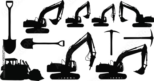 Construction equipment silhouettes Excavators shovels pickaxes and a bulldozer in black and white.