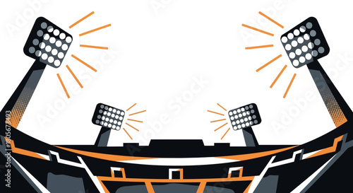 Stadium with bright lights above seating in black white orange and grey