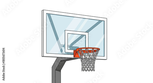 A basketball hoop with a glass backboard and a red rim stands out against a plain white background