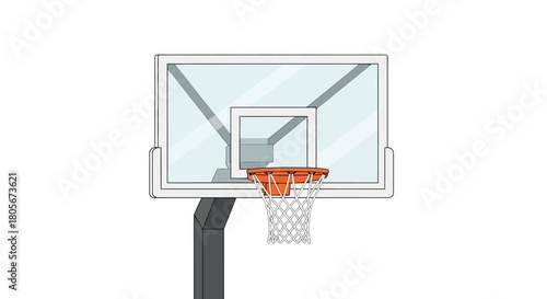 A basketball hoop with a transparent backboard orange rim and white net is attached to a gray post