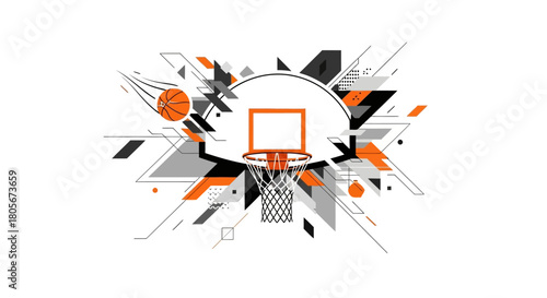 A basketball net is framed by geometric shapes in shades of gray black and orange and a basketball approaching the net