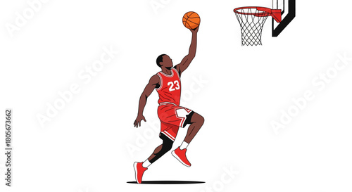 A basketball player in a red jersey number 23 about to dunk a basketball with a basketball hoop in the background