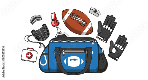 A blue sports bag with football gear including a football gloves helmet whistle mouthguards and a first aid kit