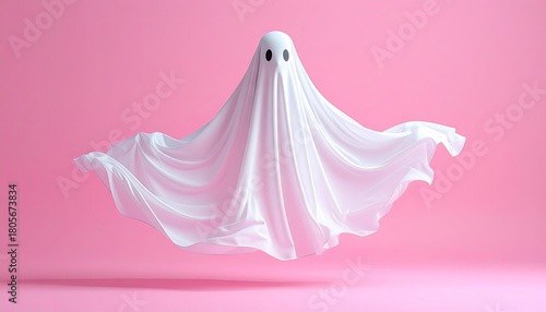 Sheet ghost floating against a pink background