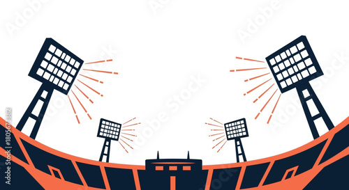 A cartoonstyle stadium scene with lights stands and architecture against a white backdrop