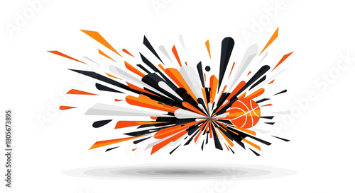 A dynamic abstract vector design featuring a basketball surrounded by exploding orange white and black geometric shapes