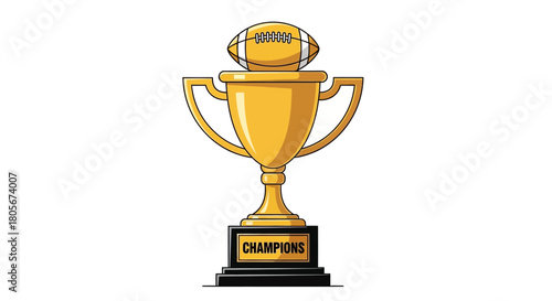 A gold trophy with an American football on top labeled CHAMPIONS on its base