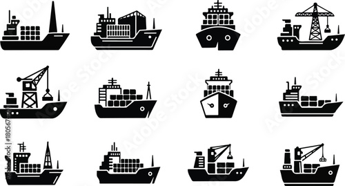 Collection of various black and white cargo ships and vessels for transportation.