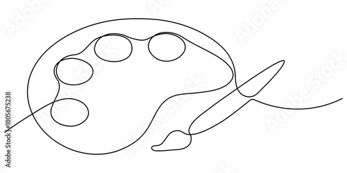 Palette and paint brush continuous one line drawing vector illustration, Continuous one line drawing of a art materials. Artsy brushes and painting palette one line drawing vector illustration isolate