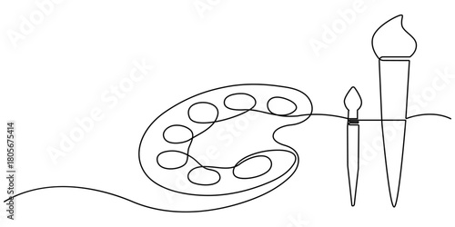 Palette and paint brush continuous one line drawing vector illustration, Continuous one line drawing of a art materials. Artsy brushes and painting palette one line drawing vector illustration isolate