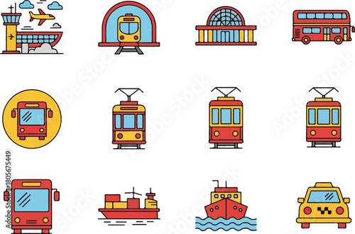 Collection of various transportation icons representing different modes of travel and transit.
