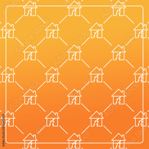 Seamless pattern on an orange background with a cracked house icon. Line design for posters, social media, and banner templates.