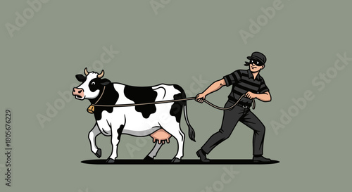 Cartoon thief stealing a cow wearing a bell, funny and whimsical vector art