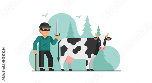 Humorous cartoon bandit intends to steal a dairy cow in silly comical scene