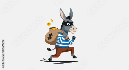 Funny donkey bandit running with stolen money bag cartoon character design