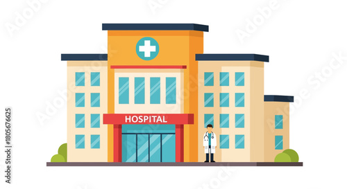 Modern hospital building with doctor, perfect for healthcare promotions today