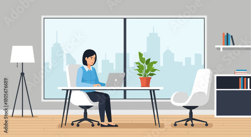 Focused professional working at her bright desk with city view in office