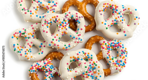 White chocolate covered pretzels with colorful sprinkles