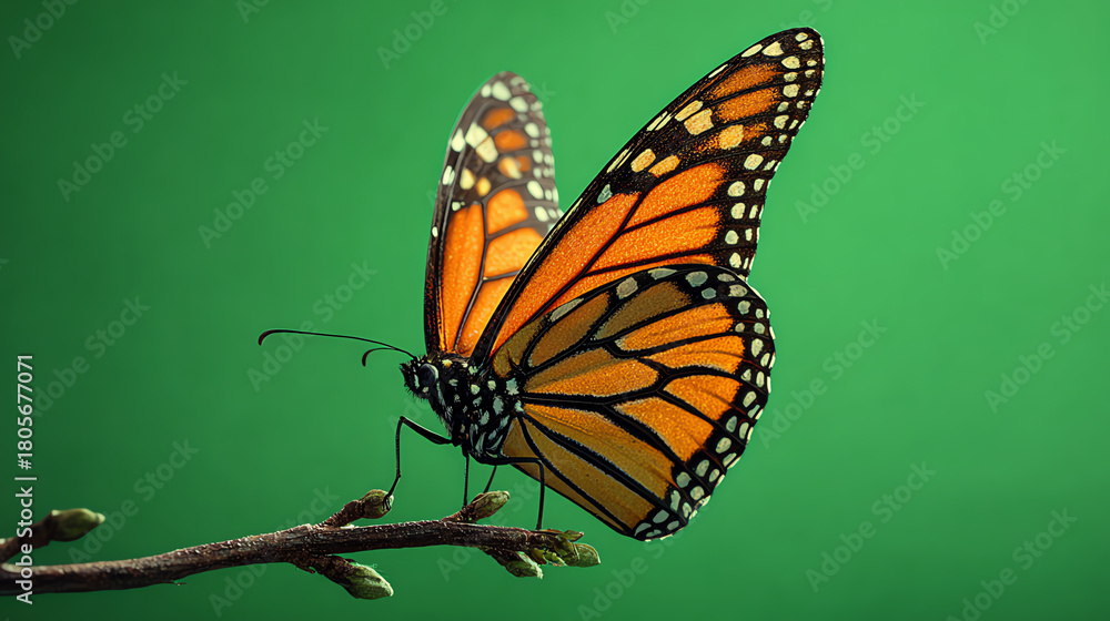 Fototapeta premium A vibrant monarch butterfly resting on a branch against a solid green background, showcasing its intricate patterns.