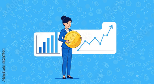 Businesswoman holding dollar coin shows growth profits and success strategy