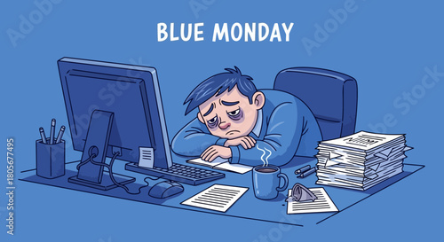Exhausted employee feeling burned out on Blue Monday at the office desk