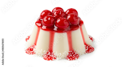 Panna cotta dessert topped with cherries and red sauce